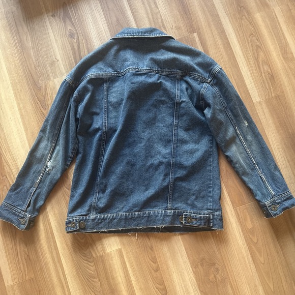 Free People Distressed Denim Jean Jacket Oversized XS (Medium) Dark Wash Trucker - Picture 9 of 12